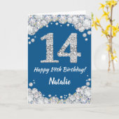 Happy 14th Birthday Blue en Silver Glitter Card Kaart (Gele Bloem)