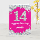 Happy 14th Birthday Hot Pink en Silver Glitter Kaart (Gele Bloem)