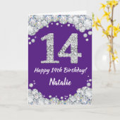 Happy 14th Birthday Paars en Silver Glitter Card Kaart (Gele Bloem)