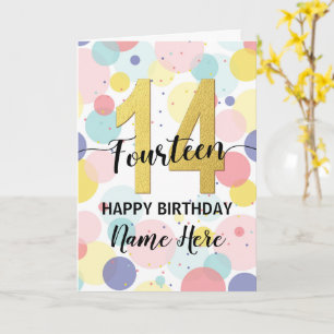 Happy 14th Birthday Pastel Rainbow and Gold Girl Kaart