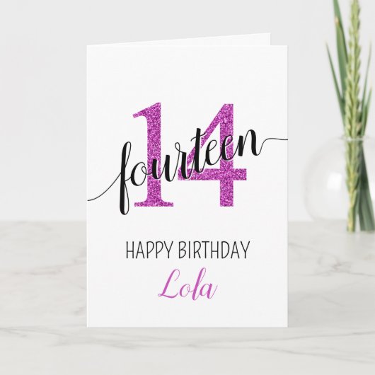 Happy 14th Birthday Pink Glitter girly Kaart (Voorkant)