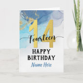 Happy 14th Birthday Waterverf Blue & Gold Boy Kaart (Voorkant)