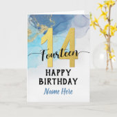 Happy 14th Birthday Waterverf Blue & Gold Boy Kaart (Gele Bloem)