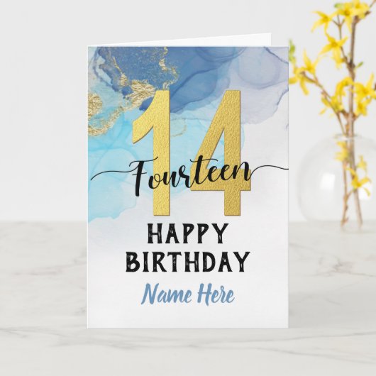 Happy 14th Birthday Waterverf Blue & Gold Boy Kaart (Gele Bloem)