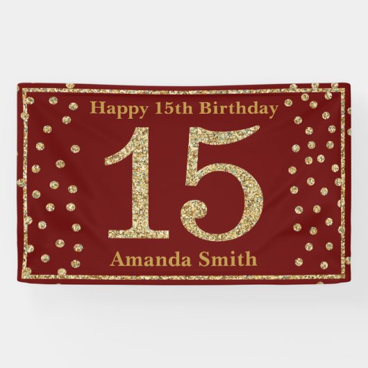 Happy 15th Birthday Banner Burgundy Red Gold (Horizontaal)