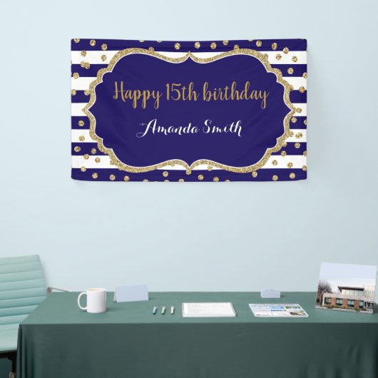 Happy 15th Birthday Banner Navy Blue Gold Glitter (Beurs)
