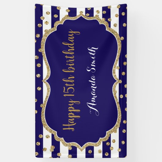 Happy 15th Birthday Banner Navy Blue Gold Glitter (Verticaal)