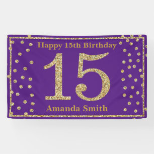 Happy 15th Birthday Banner Paars en Gold Glitter