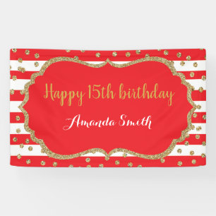 Happy 15th Birthday Banner Red en Gold Glitter