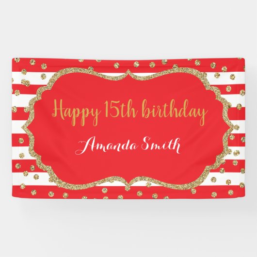 Happy 15th Birthday Banner Red en Gold Glitter (Horizontaal)