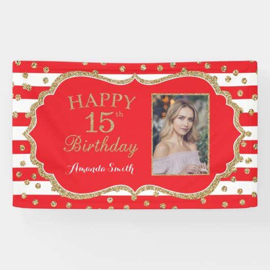 Happy 15th Birthday Banner Red Gold Glitter Foto (Horizontaal)