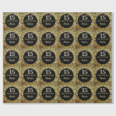 Happy 15th Birthday Black en Gold Glitter Cadeaupapier (Vlak)