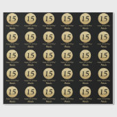 Happy 15th Birthday Black en Gold Glitter Cadeaupapier (Vlak)