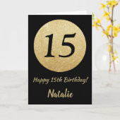 Happy 15th Birthday Black en Gold Glitter Kaart (Gele Bloem)