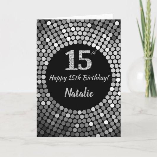 Happy 15th Birthday Black en Silver Glitter Card Kaart (Voorkant)