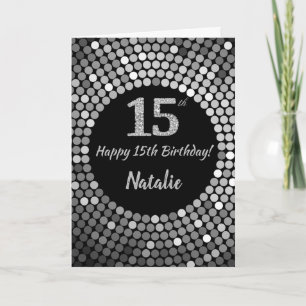 Happy 15th Birthday Black en Silver Glitter Card Kaart