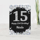 Happy 15th Birthday Black en Silver Glitter Card Kaart (Voorkant)