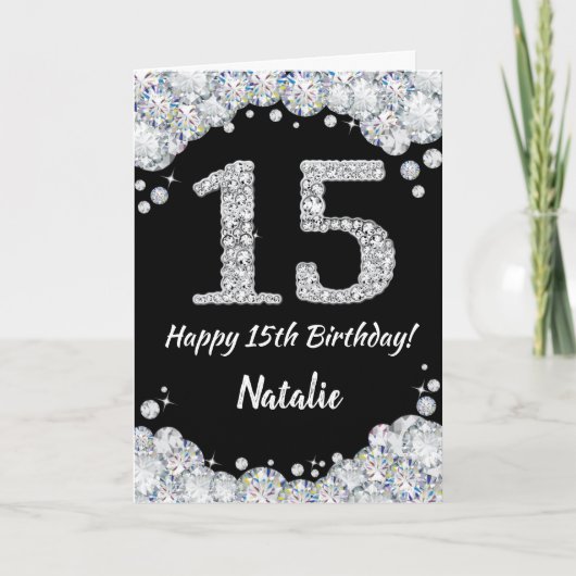 Happy 15th Birthday Black en Silver Glitter Card Kaart (Voorkant)