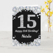 Happy 15th Birthday Black en Silver Glitter Card Kaart (Gele Bloem)