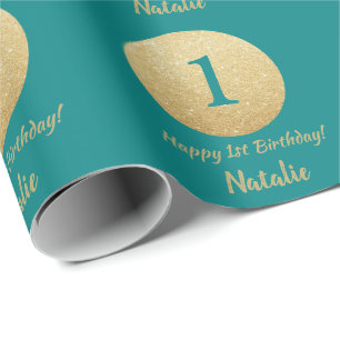 Happy 15th Birthday Blauwgroen en Gold Glitter Cadeaupapier