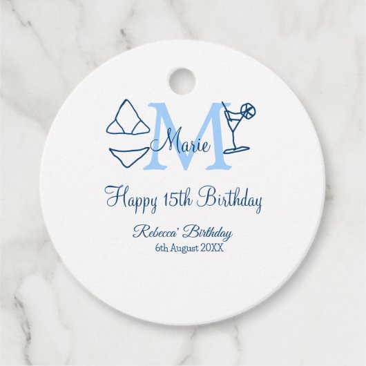 Happy 15th Birthday blue voeg naam monogram bikini Bedankjes Labels (Voorkant)