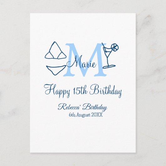 Happy 15th Birthday blue voeg naam monogram bikini Briefkaart (Voorkant)