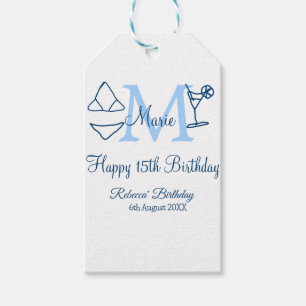 Happy 15th Birthday blue voeg naam monogram bikini Cadeaulabel