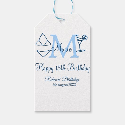 Happy 15th Birthday blue voeg naam monogram bikini Cadeaulabel (Voorkant)