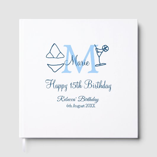 Happy 15th Birthday blue voeg naam monogram bikini Gastenboek (Voorkant)