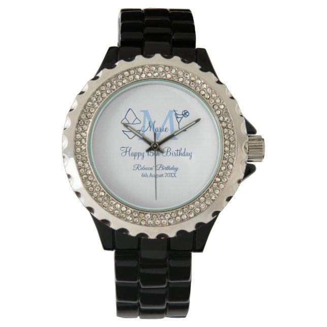 Happy 15th Birthday blue voeg naam monogram bikini Horloge (Voorkant)