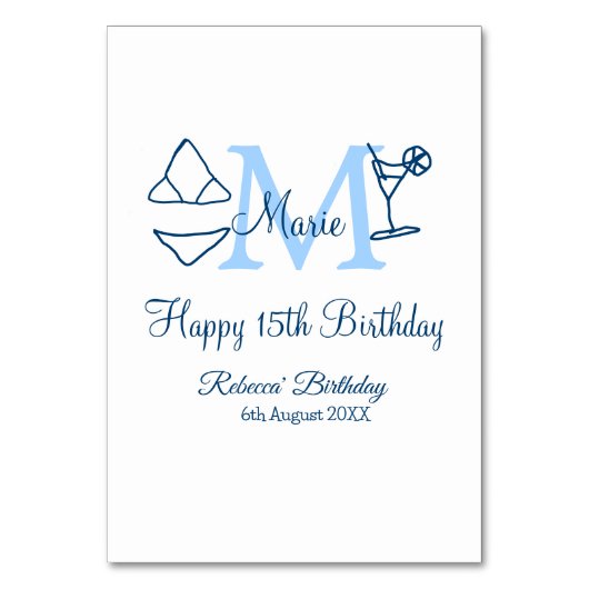 Happy 15th Birthday blue voeg naam monogram bikini Kaart (Voorkant)