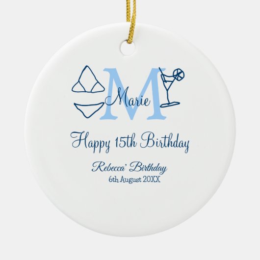 Happy 15th Birthday blue voeg naam monogram bikini Keramisch Ornament (Voorkant)