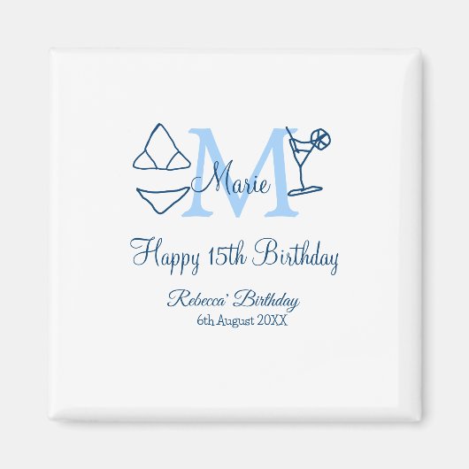 Happy 15th Birthday blue voeg naam monogram bikini Magneet (Voorkant)