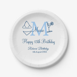Happy 15th Birthday blue voeg naam monogram bikini Papieren Bordje