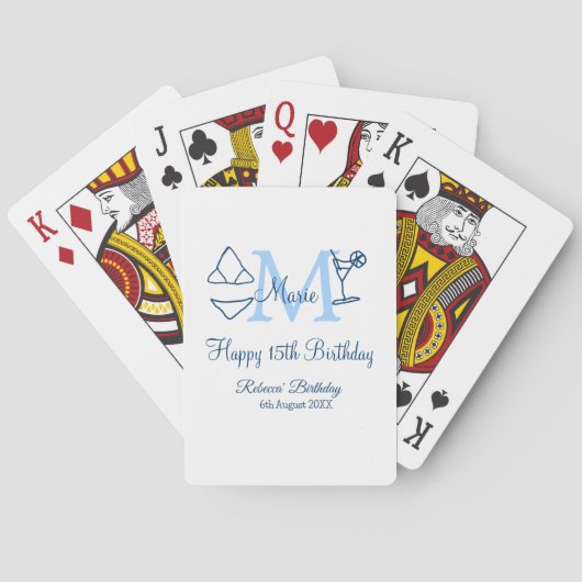 Happy 15th Birthday blue voeg naam monogram bikini Pokerkaarten (Achterkant)