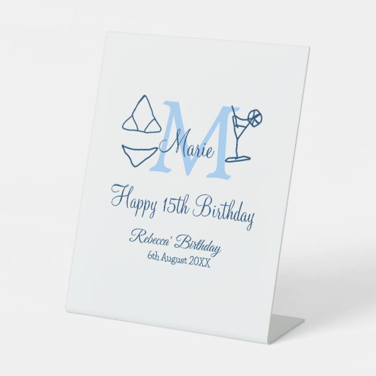 Happy 15th Birthday blue voeg naam monogram bikini Reclamebord Met Voetstuk (Voorkant)