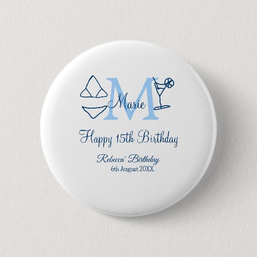 Happy 15th Birthday blue voeg naam monogram bikini Ronde Button 5,7 Cm (Voorkant)