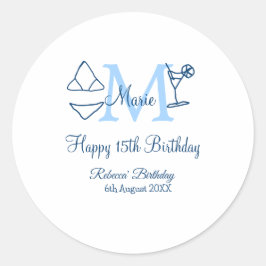 Happy 15th Birthday blue voeg naam monogram bikini Ronde Sticker