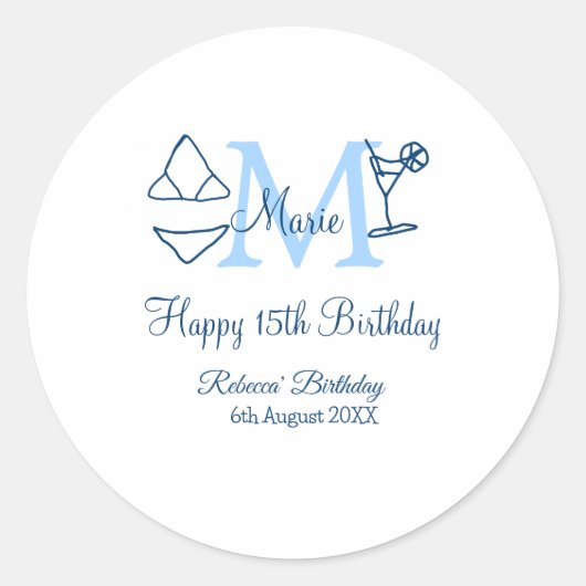 Happy 15th Birthday blue voeg naam monogram bikini Ronde Sticker (Voorkant)