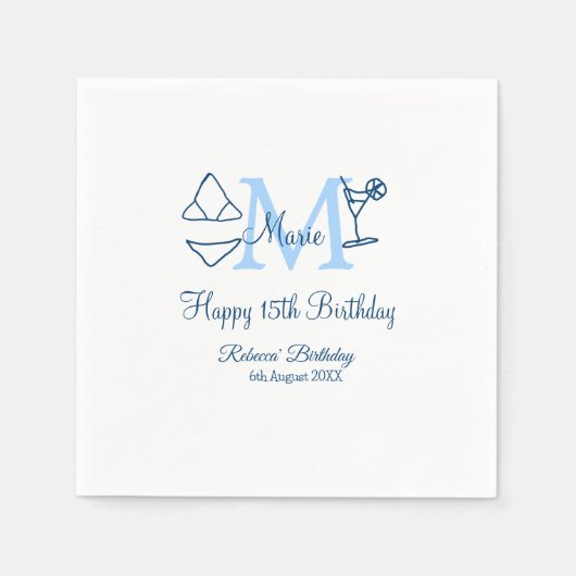Happy 15th Birthday blue voeg naam monogram bikini Servet (Voorkant)