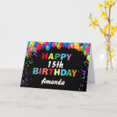 Happy 15th Birthday Colorful Balloons Black Kaart (Gele Bloem)