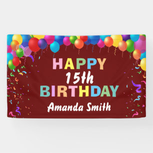 Happy 15th Birthday Colorful Balloons Burgundy Red Spandoek