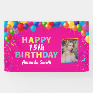 Happy 15th Birthday Colorful Balloons Hot Pink Spandoek