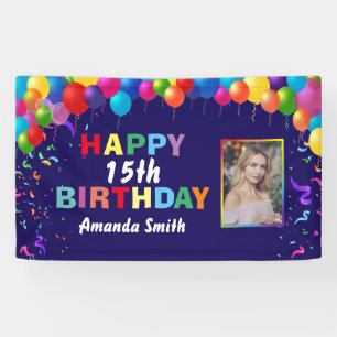 Happy 15th Birthday Colorful Balloons Navy Blue Spandoek