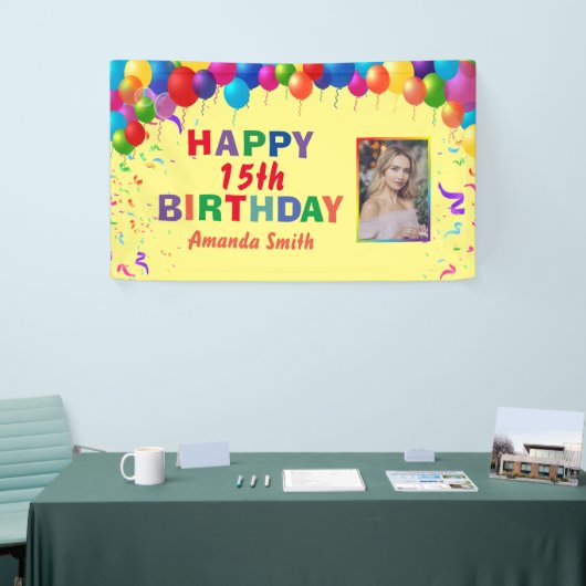 Happy 15th Birthday Colorful Balloons Yellow Spandoek (Beurs)