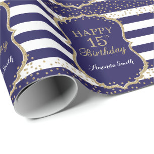 Happy 15th Birthday Gold Glitter en marine Blue Cadeaupapier