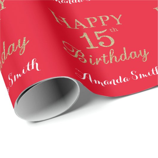 Happy 15th Birthday Gold Glitter en Red Cadeaupapier (Rol Hoek)