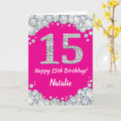 Happy 15th Birthday Hot Pink en Silver Glitter Kaart (Gele Bloem)