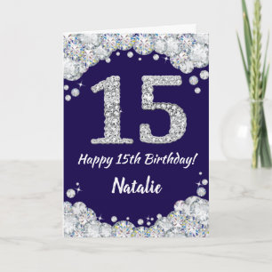Happy 15th Birthday Navy Blue en Silver Glitter Kaart