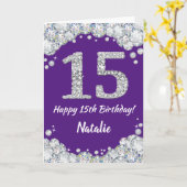 Happy 15th Birthday Paars en Silver Glitter Card Kaart (Gele Bloem)